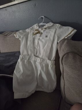 White Baby Romper with Gold Trim